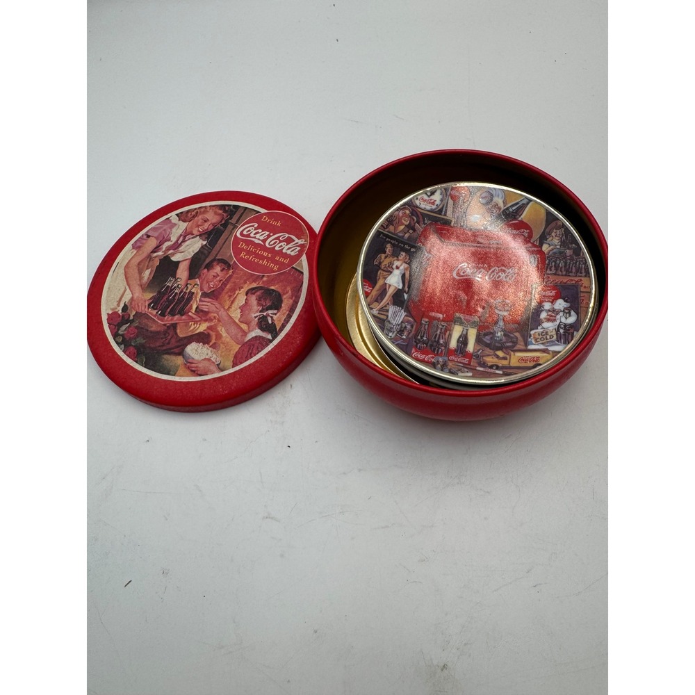 Coca-Cola‎ Vintage Collage Round Metal Storage Tin Red Gold Soda Memorabilia